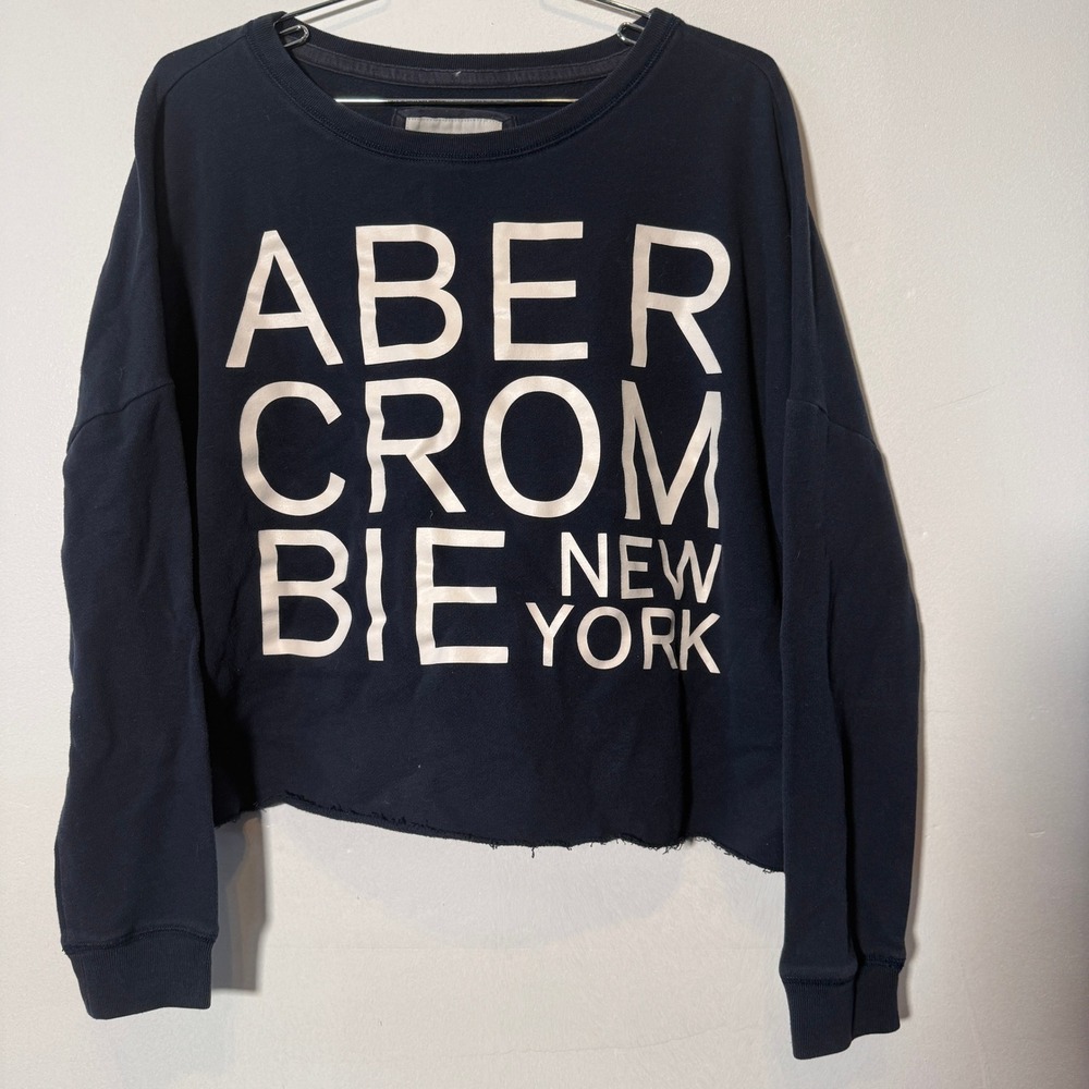Abercrombie & Fitch Sweatshirt Women Small Navy Raw Hem Cropped Graphic Logo